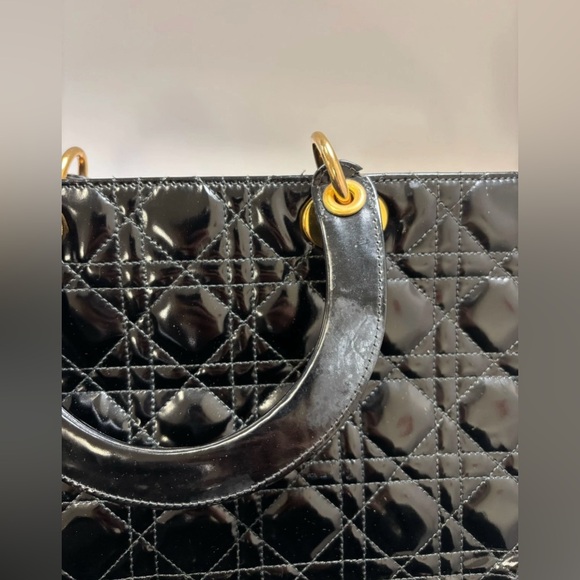 Vintage DIOR Lady Dior Bag - Large Black Quilted Patent Leather - Picture 15 of 16